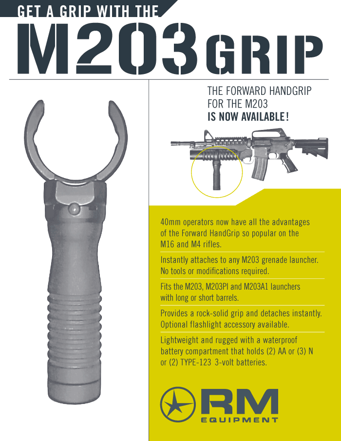 Brochure highlighting and detailing the M203grip showing applications of the foregrip for the M203 40mm grenade launcher. Also called the M203 handgrip, M203 forward handgrip, the M203 forward assist handgrip.